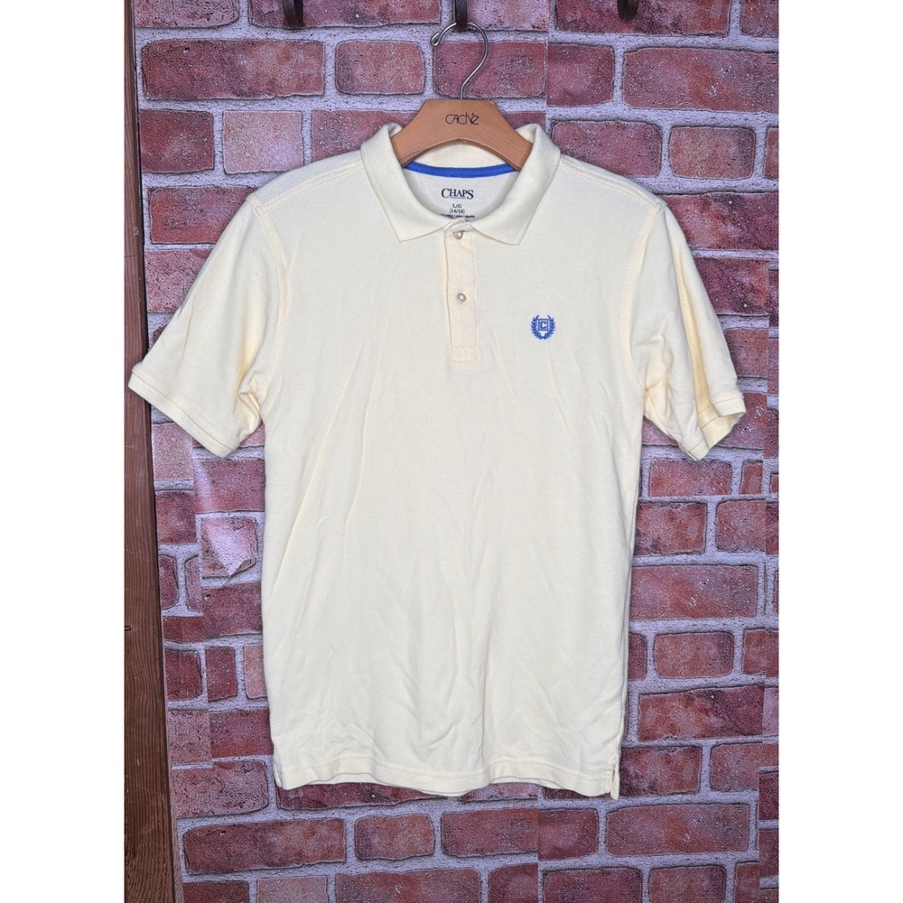 Chaps Boys Large 14/16 Polo Shirt Short Slv Yellow Pique Knit Crest Preppy